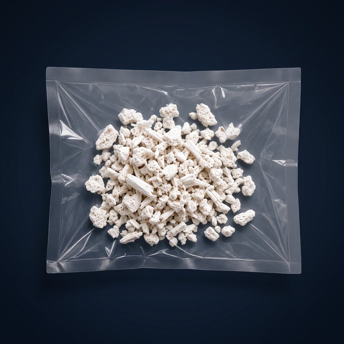 Porous bone chips and fibers sealed in a clear medical pouch