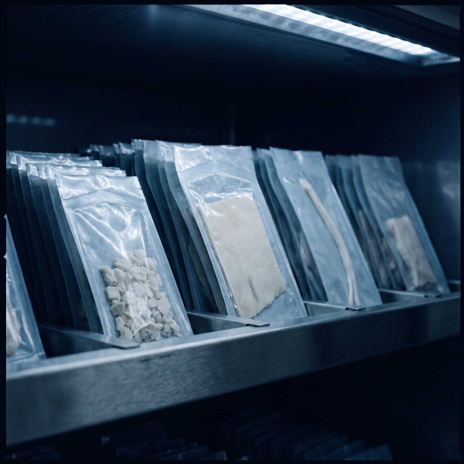 Sealed allograft pouches of bone, dermis, and tendon standing in a steel storage rack