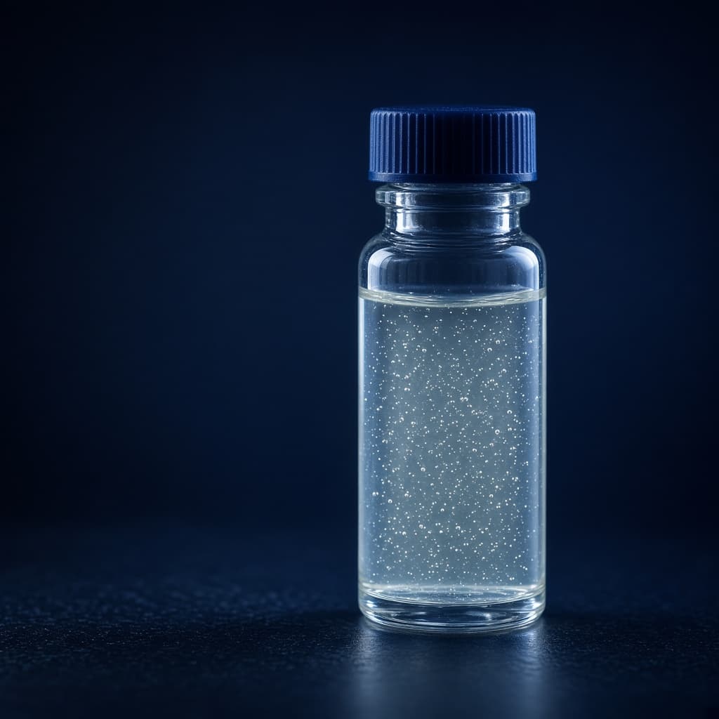 A clear vial of pale fluid with fine suspended particles