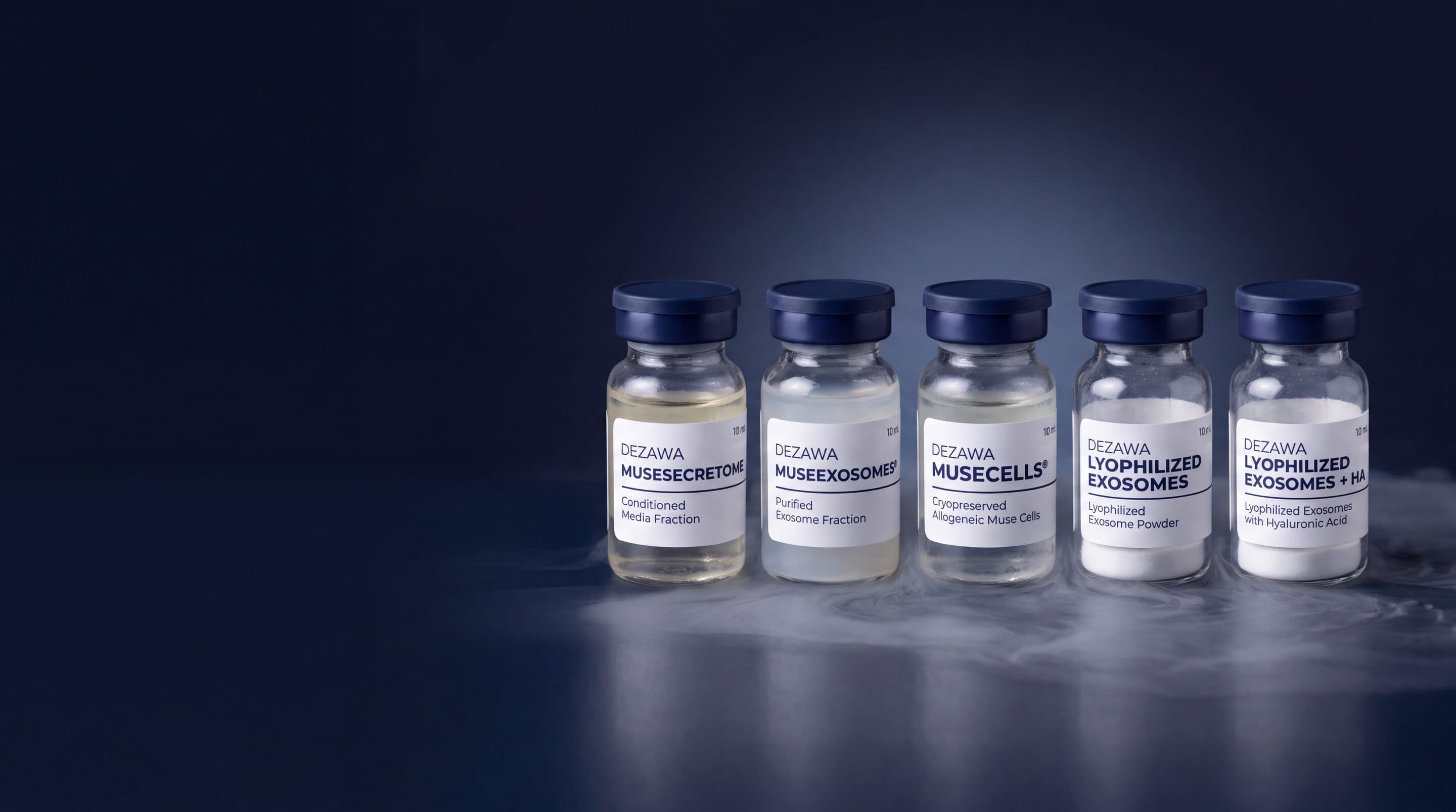 Five Dezawa vials in a row on dark steel, liquid nitrogen vapor at their bases
