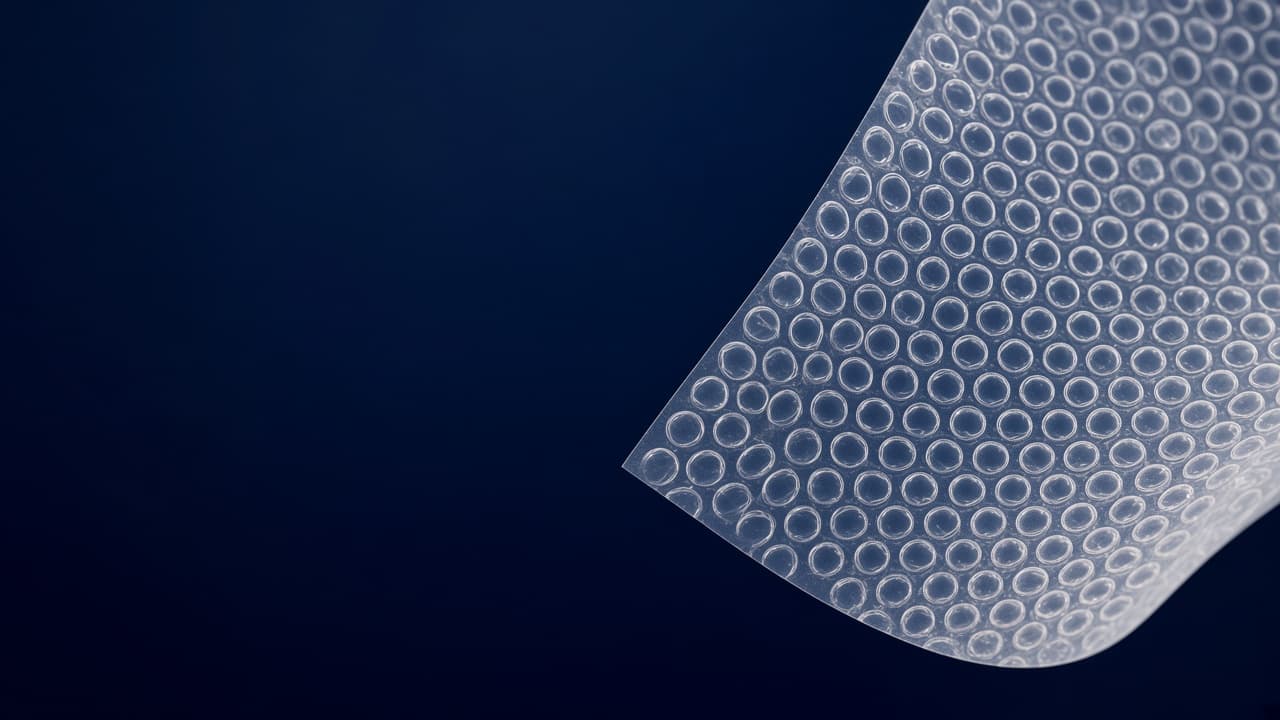 A translucent membrane with small round dimples against a deep navy field