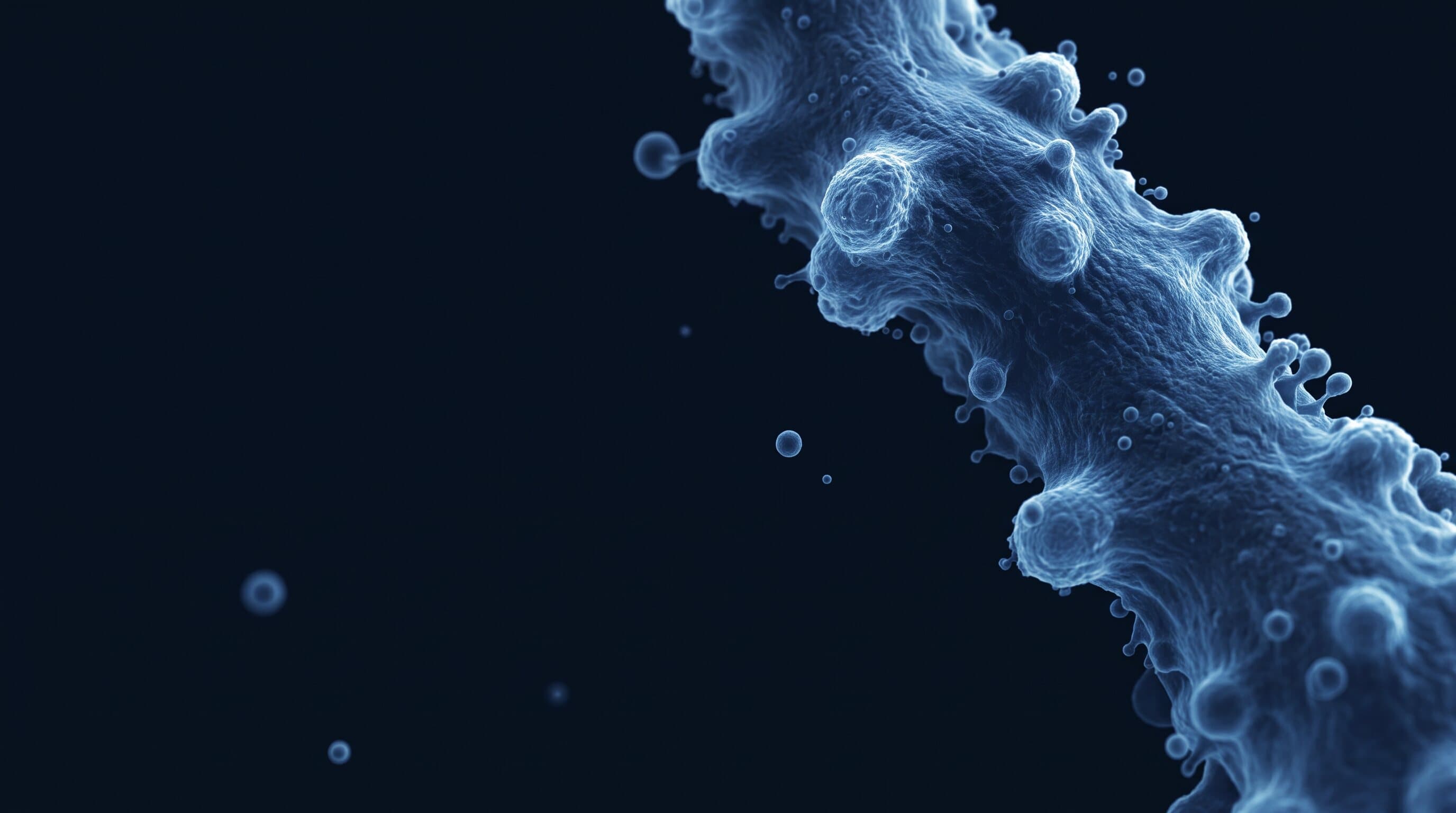 A textured cell membrane with exosome vesicles budding from it, on navy