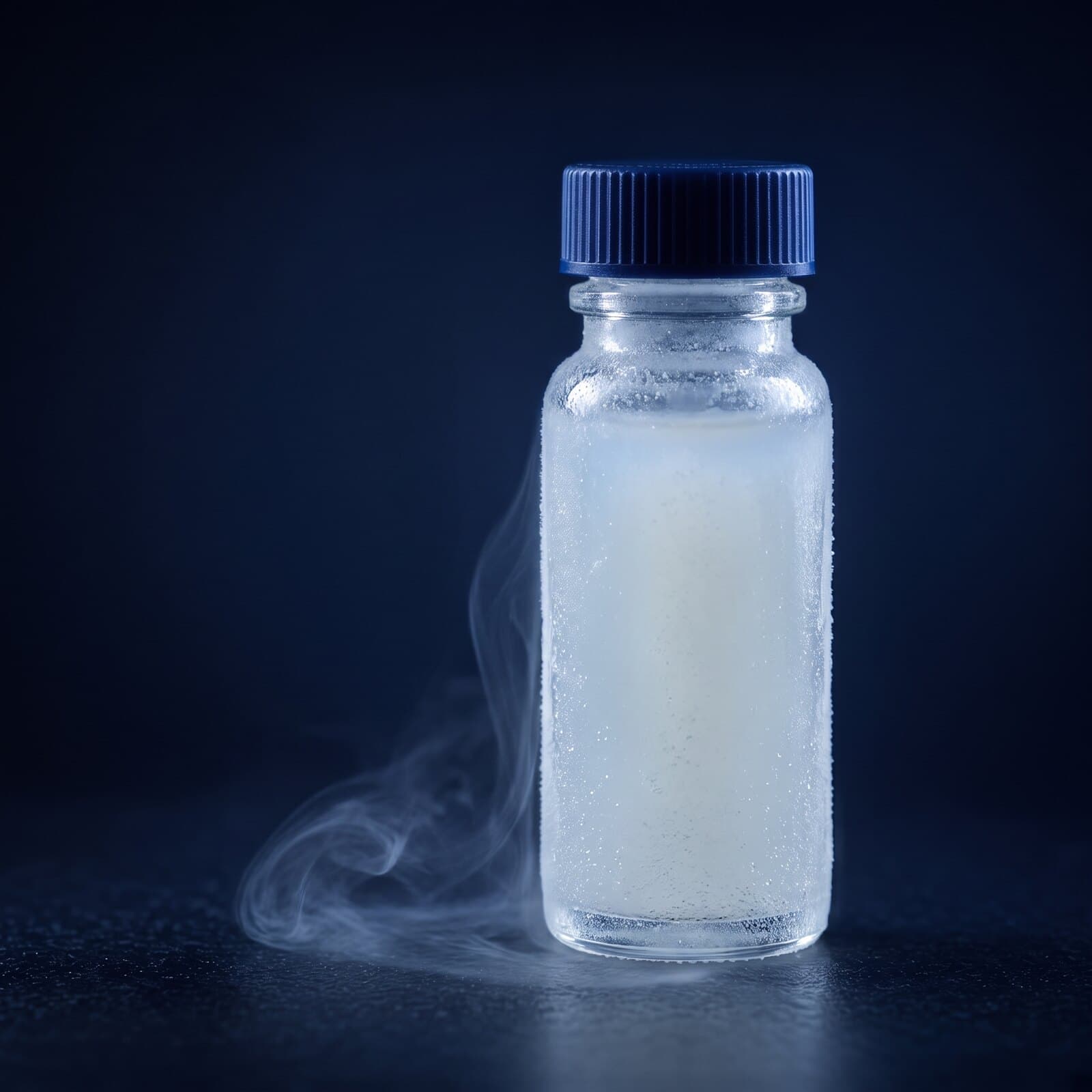A frosted vial of frozen, milky exosome suspension with a wisp of cold vapour