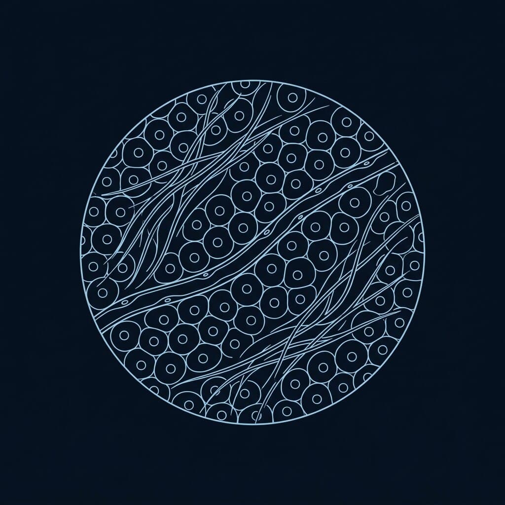 Fine line drawing of a tissue cross-section in pale blue on navy