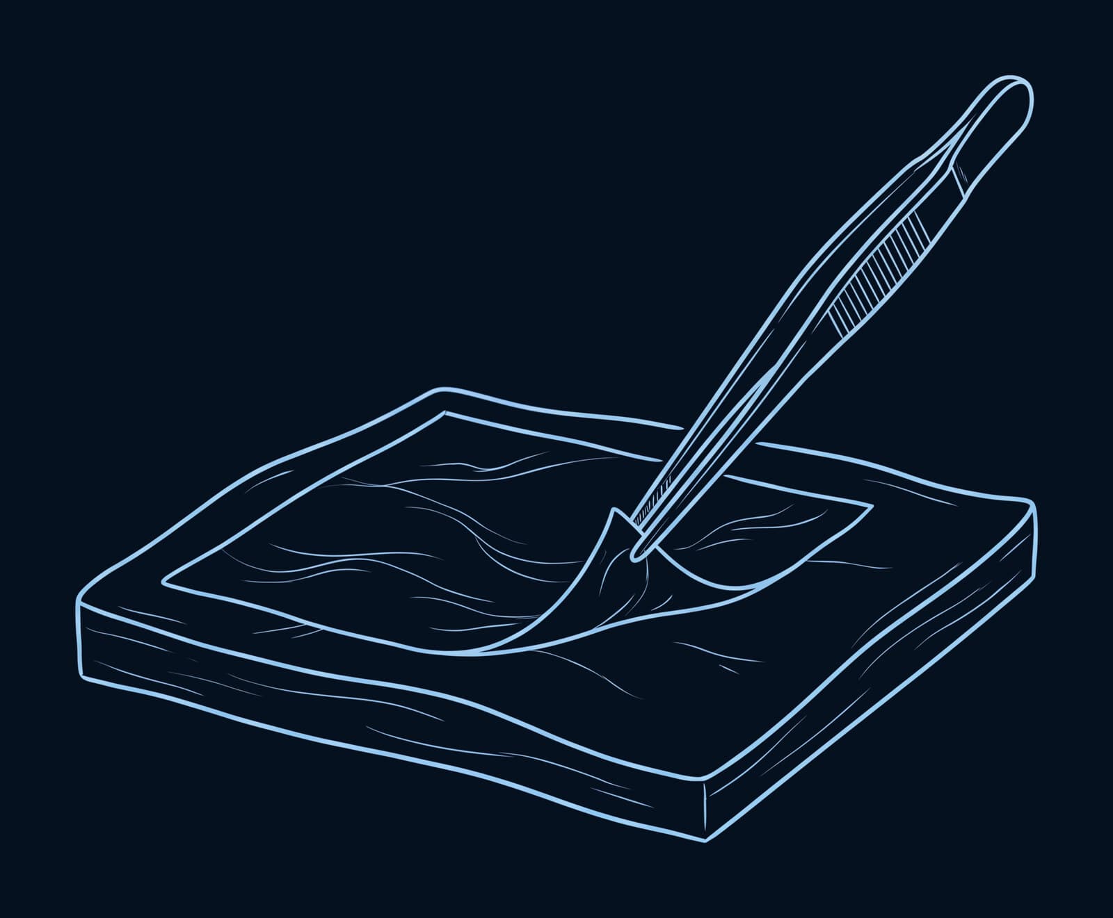 Fine line drawing of forceps laying a thin membrane onto tissue, in pale blue on navy