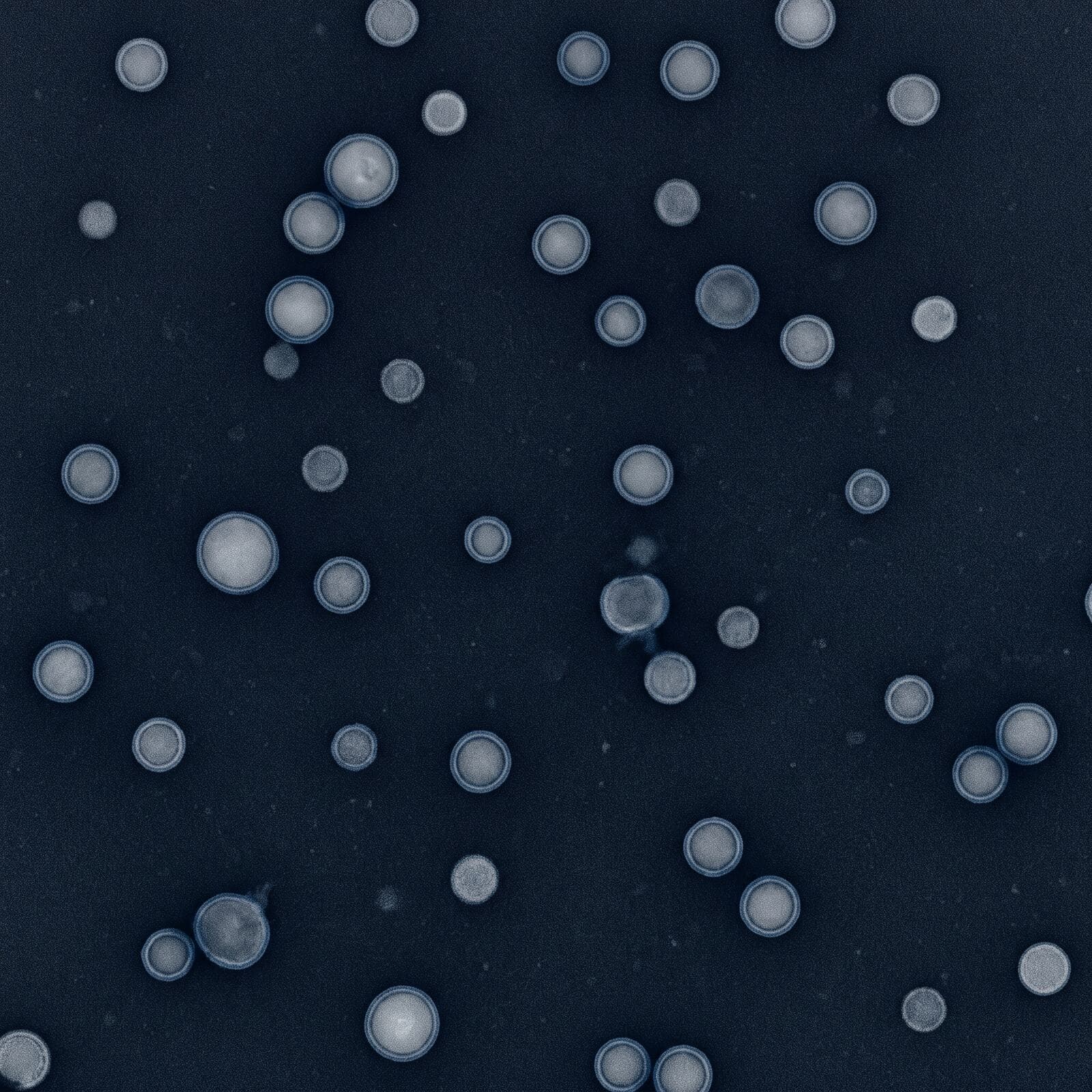 Small round vesicles in the style of an electron micrograph, pale blue on navy