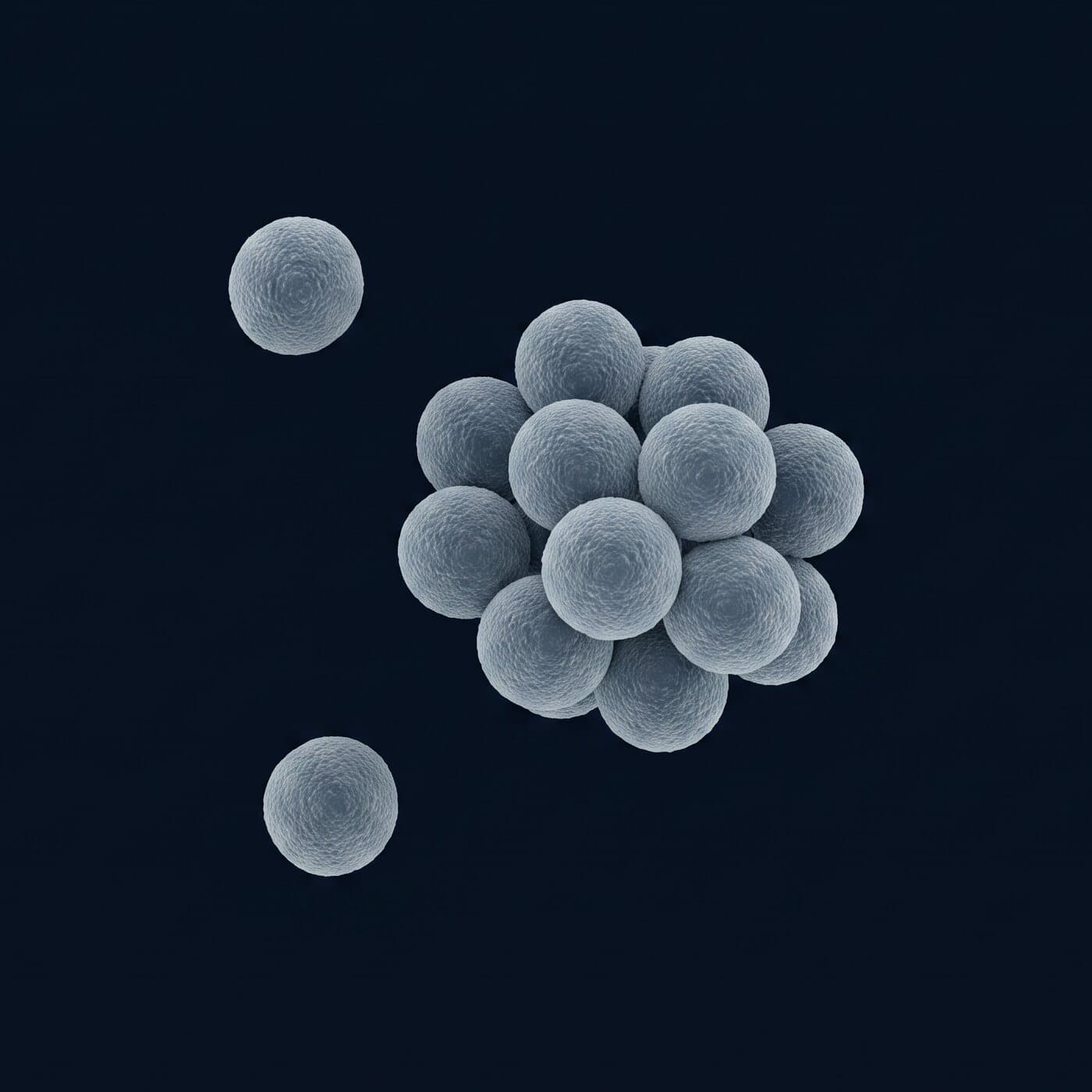 A small cluster of round cells floating in suspension, pale blue on navy