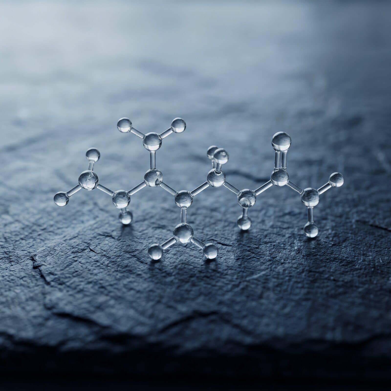 A glass ball-and-stick model of a short peptide chain on dark slate